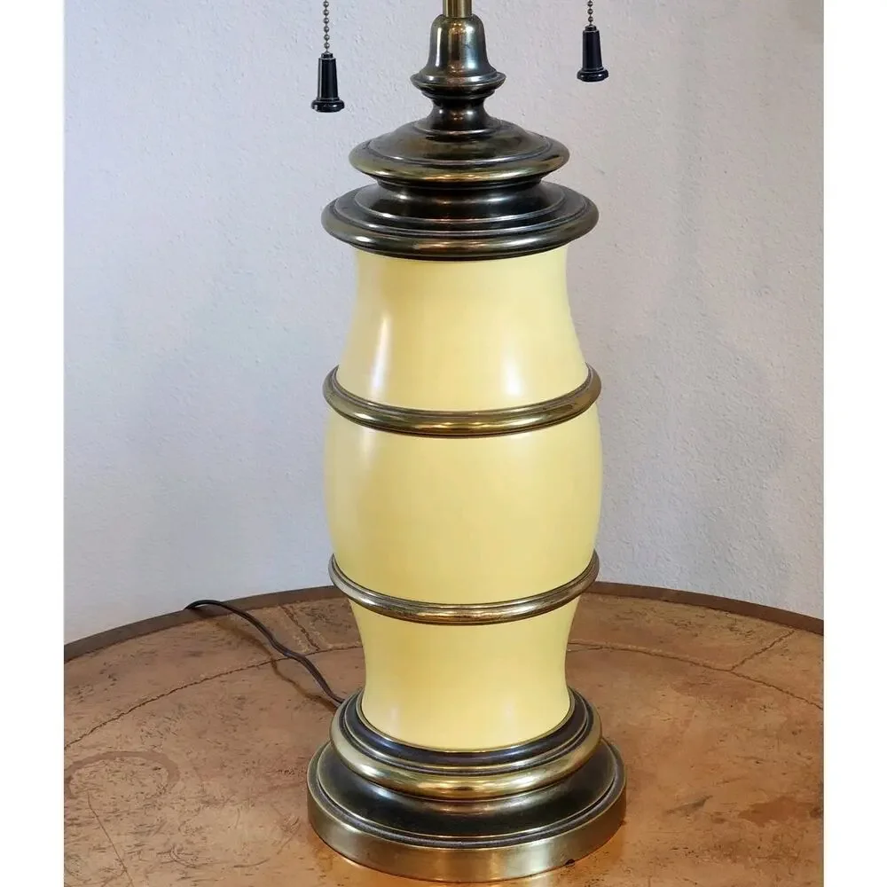 Mid Century STIFFEL Yellow Enamel / Brass DBL Socket Table Lamp 35.5